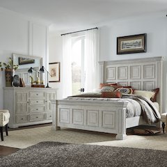 Queen Panel Bed, Dresser & Mirror in Rubberwood Solids and Wood Products