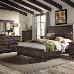 California King Panel Bed, Dresser & Mirror - Rock Beaten Brown w/ Saw Cuts