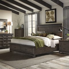 Queen Storage Bed, Dresser & Mirror, Night Stand - Rock Beaten Brown w/ Saw Cuts