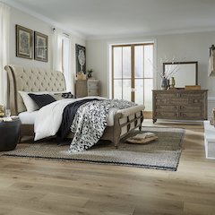 King Sleigh Bed, Dresser & Mirror, Chest in Poplar Solids w/ White Oak Veneers