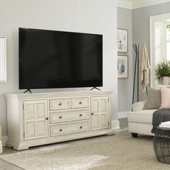 76 Inch TV Console Traditional White in Whitestone Finish w/ Heavy Distressing
