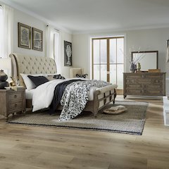 King Sleigh Bed, Dresser & Mirror, N/S in Poplar Solids w/ White Oak Veneers