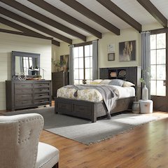 Queen Bookcase Bed, Dresser & Mirror, Chest - Rock Beaten Brown w/ Saw Cuts