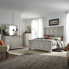 Queen Panel Bed, Dresser & Mirror, Chest in Rubberwood Solids and Wood Products