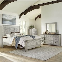 Queen Panel Bed, Dresser & Mirror, Chest - Antique White w/ Tobacco Tops