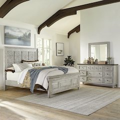 Heartland King Opt Panel Bed, Dresser & Mirror - Antique White w/ Tobacco Tops