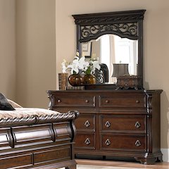 King Sleigh Bed, Dresser & Mirror in Poplar Solids & Birch Veneers & Metal