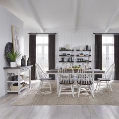 Farmhouse 7 Piece Trestle Table Set in Two Tone White w/ Wood Tone Top