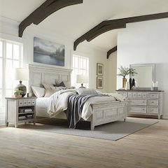 Queen Panel Bed, Dresser & Mirror, Night Stand - Antique White w/ Tobacco Tops