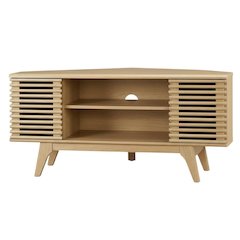 Brown wood corner TV stand with sleek design and sturdy construction