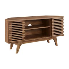 Brown wooden 46-inch corner TV stand with open shelving and versatile design