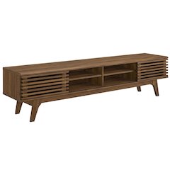 Brown wood entertainment center with spacious TV stand and sleek design