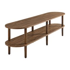 Brown wood TV stand with oval design, solid mango construction for durability