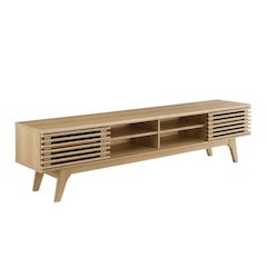 Brown wood entertainment center with spacious TV stand and sleek design
