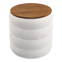 Round Boucle Fabric Outdoor Ottoman With Storage And Cushioned Top