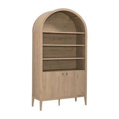 Brown display cabinet, arched design, engineered wood construction, versatile