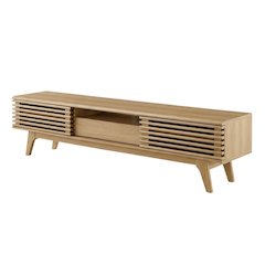 Wooden brown TV stand with spacious surface and modern design