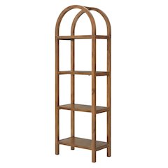 Tall brown arched bookshelf with engineered wood frame for stylish storage