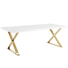 White Rectangular Dining Table, Modern X-Base, Seats 6