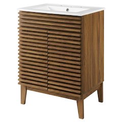 Walnut White 24-Inch Floor-Mount Bathroom Vanity with Ceramic Sink