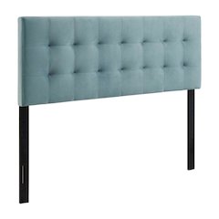Blue Queen Biscuit Tufted Velvet Headboard Performance Fabric Upholstered