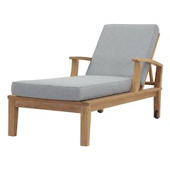 Outdoor Patio Teak Single Chaise With Cushioned Seat And Armrests