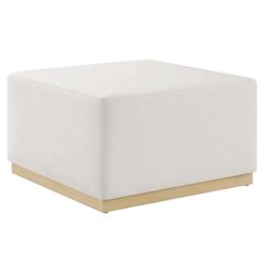 Square Performance Velvet Ottoman in Neutral Fabric for Outdoor Lounge