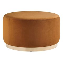 Performance velvet outdoor ottoman with round design and cushioned top