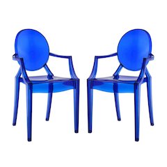Acrylic High-Back Dining Armchairs with Arms, Blue, Set of 2