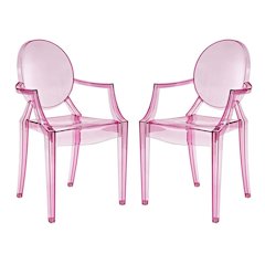 Acrylic High-Back Dining Armchairs with Arms, Pink, Set of 2