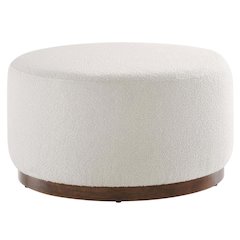 Dark beige boucle upholstered outdoor ottoman, versatile design, compact size