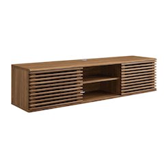 Brown wood wall-mounted media console with sleek design and sturdy construction