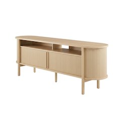 Wooden TV stand with brown finish and curved design for living room decor