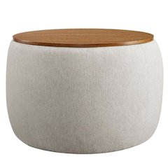 Woven Heathered Fabric Upholstered Storage Ottoman, Neutral Tone for Living Room
