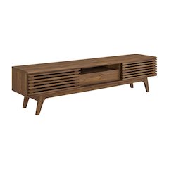 Brown wood TV stand with sleek design and ample storage space