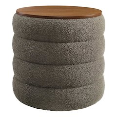 Round Boucle Fabric Storage Ottoman in Neutral Color for Indoor or Outdoor Use
