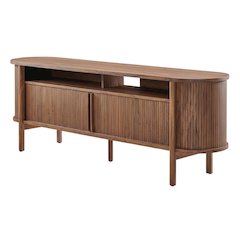 Curved TV Stand in Brown, Rubberwood Solids, Walnut Veneers, Stylish Storage