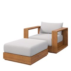 Outdoor Patio Acacia Wood Armchair and Ottoman Set with Cushioned Seating