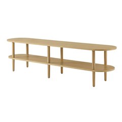 Brown wood TV stand with solid mango construction and oval design