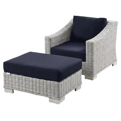 Blue Wicker Rattan Outdoor Lounge Set With Armchair And Ottoman