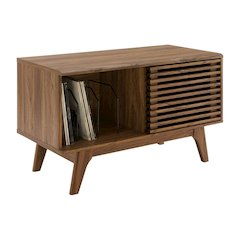 Wood vinyl record display stand in warm brown finish with spacious shelf