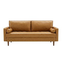 Tufted Vegan Leather Sofa with Track Arms for Living Room, Tan
