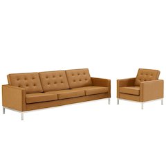 Loft Tufted Upholstered Faux Leather Sofa and Armchair Set