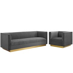 Vertical Channel Tufted Upholstered Performance Velvet Sofa and Armchair Set