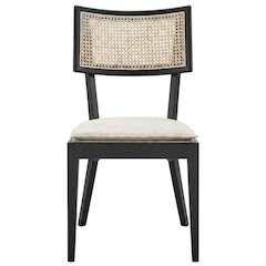 Fabric-Upholstered Wood Dining Chairs, Black Beige, Set of 2