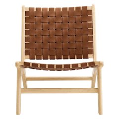 Leather Accent Lounge Chair with Wooden Base for Living Room, Natural Brown