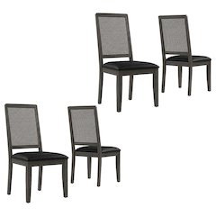 Vegan Leather Upholstered Faux Rattan Dining Chairs, Black Black, Set of 2