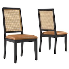 Arlo Vegan Leather Upholstered Faux Rattan and Wood Dining Side Chairs Set of 2