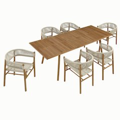 Vienna 7-Piece Outdoor Patio Teak and Rope Dining Set with Curved-Back Armchairs