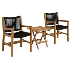 Vienna 3-Piece Outdoor Patio Teak and Rope Armchairs with Folding Side Table
